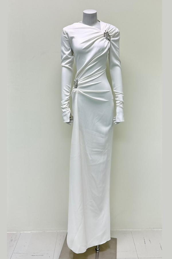 TECHNICAL SILKLONG DRESS WITH LEAF